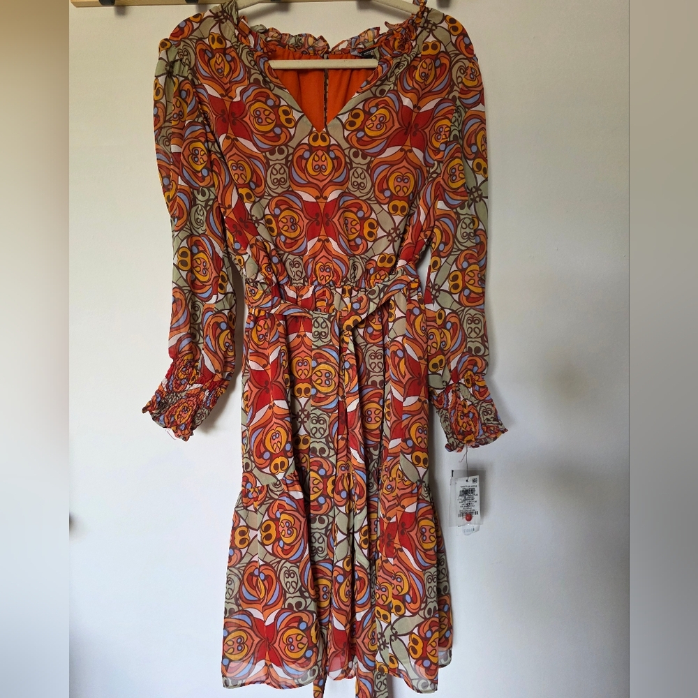 International Concepts Printed Blouson-Sleeve Dress Arabesque Combo Orange 12 - Picture 5 of 10